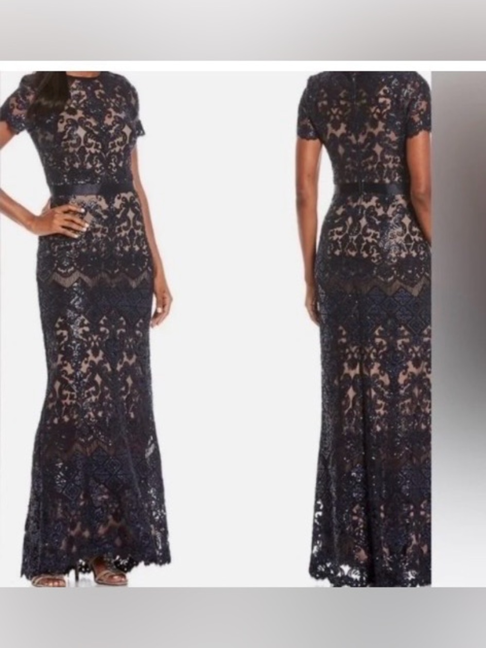 Tadashi Shoji Billie Dress Midnight Navy Blue Lace & Sequins -Size 14 EUC